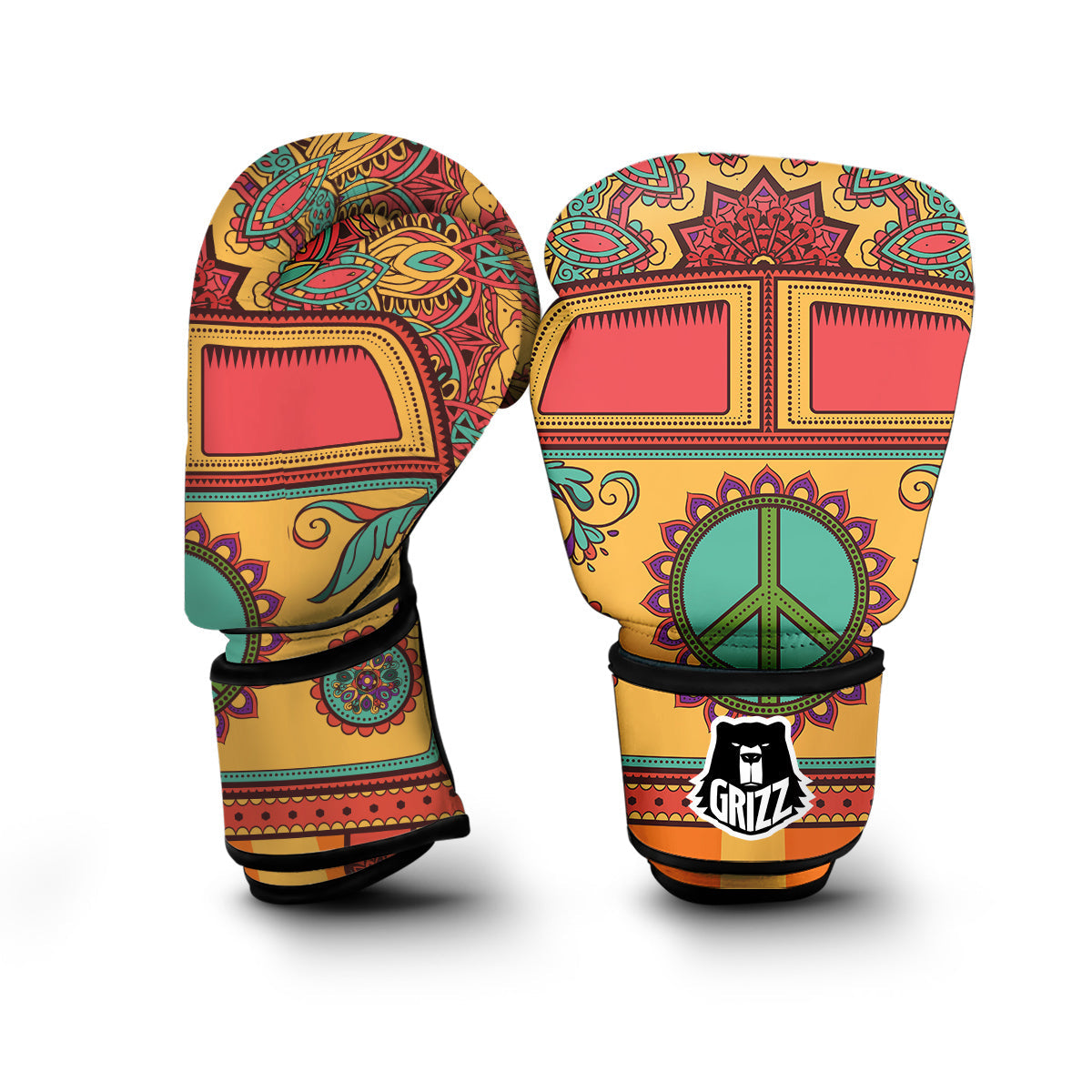 Hippie Van Peace Sign Mandala Pattern Print Boxing Gloves-grizzshop