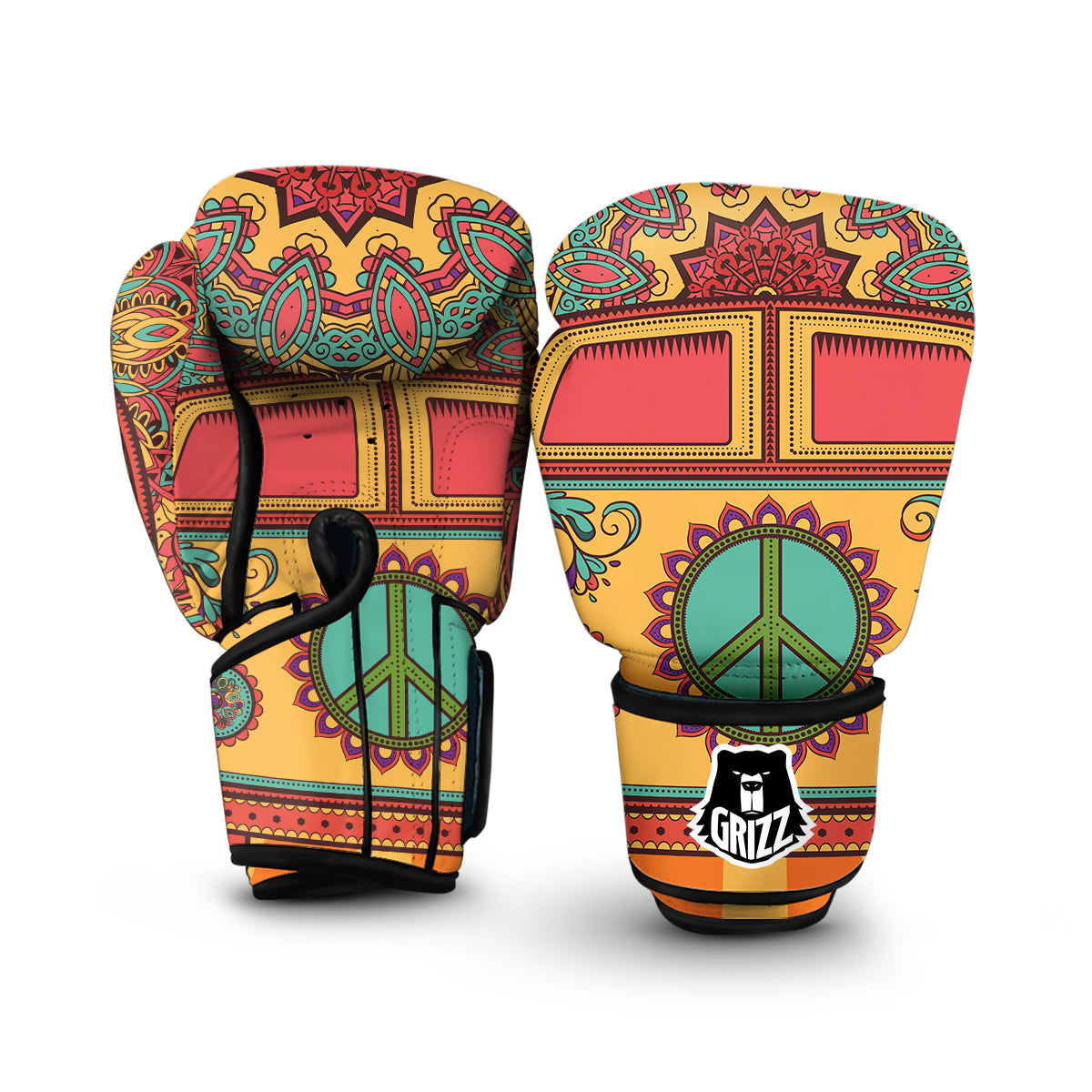 Hippie Van Peace Sign Mandala Pattern Print Boxing Gloves-grizzshop