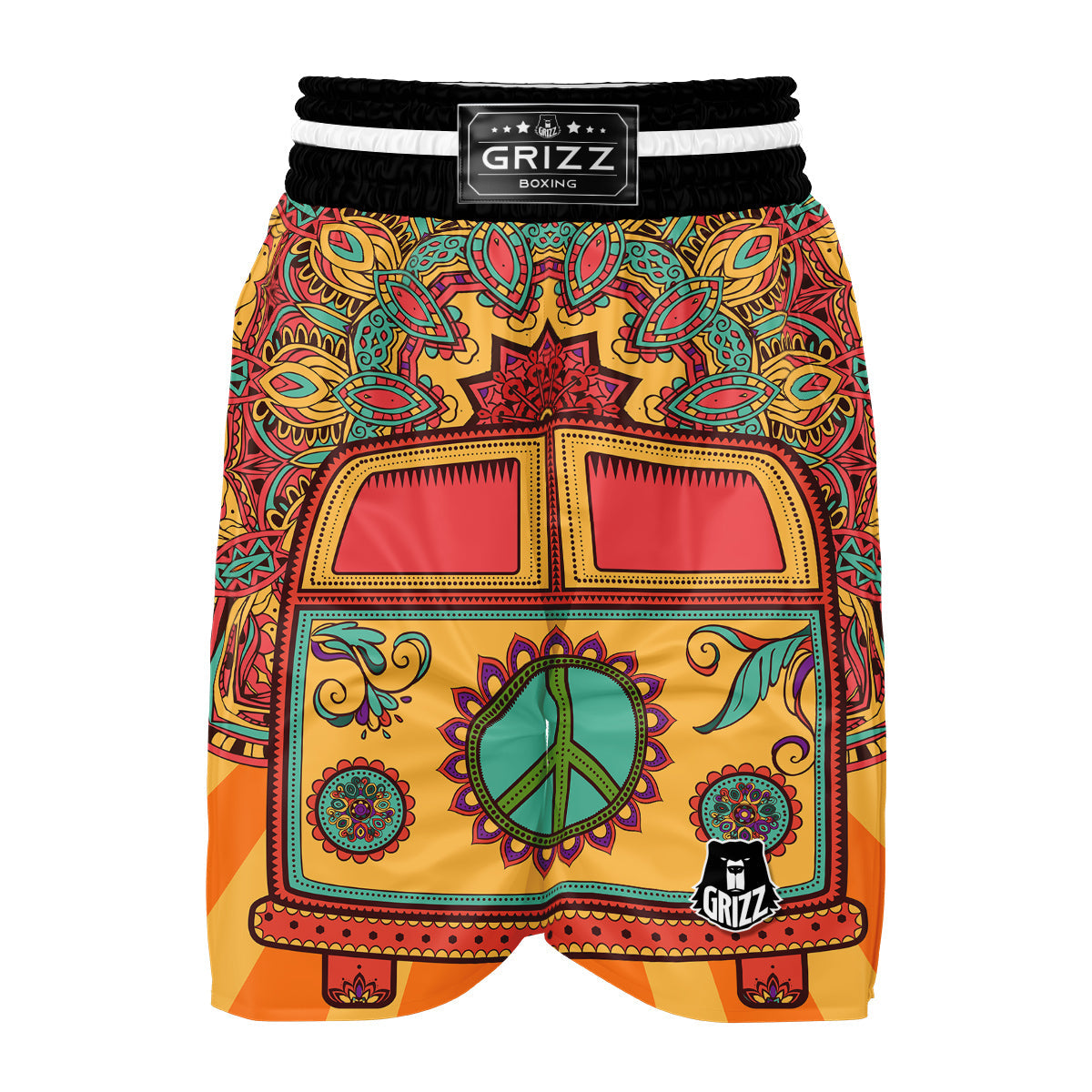 Hippie Van Peace Sign Mandala Pattern Print Boxing Shorts-grizzshop