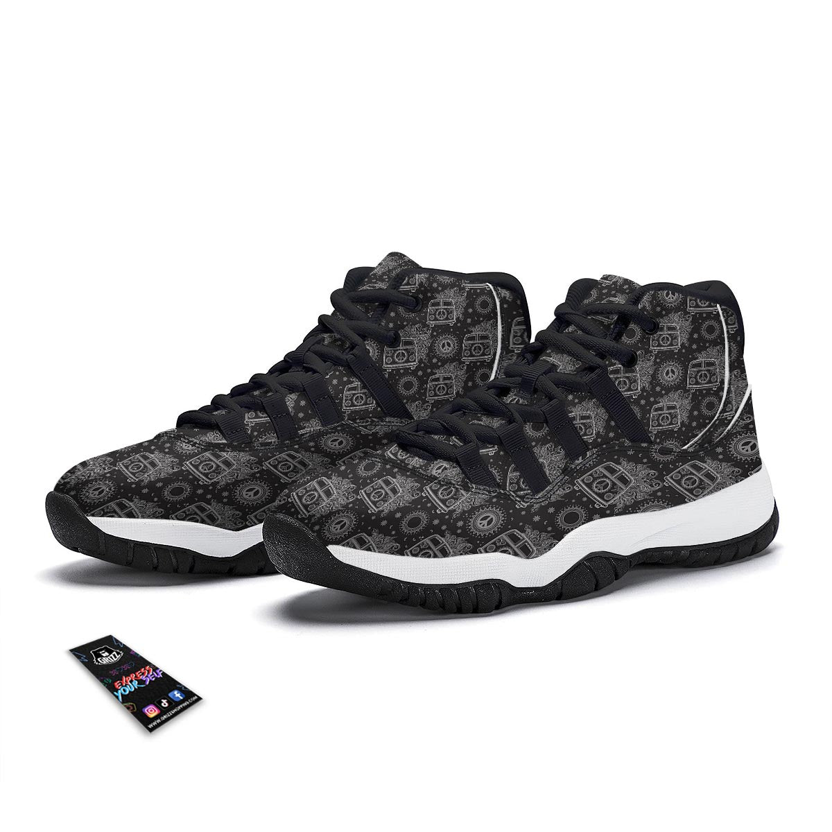 Hippie Van Peace Sign Pattern Print Black Bball Shoes-grizzshop
