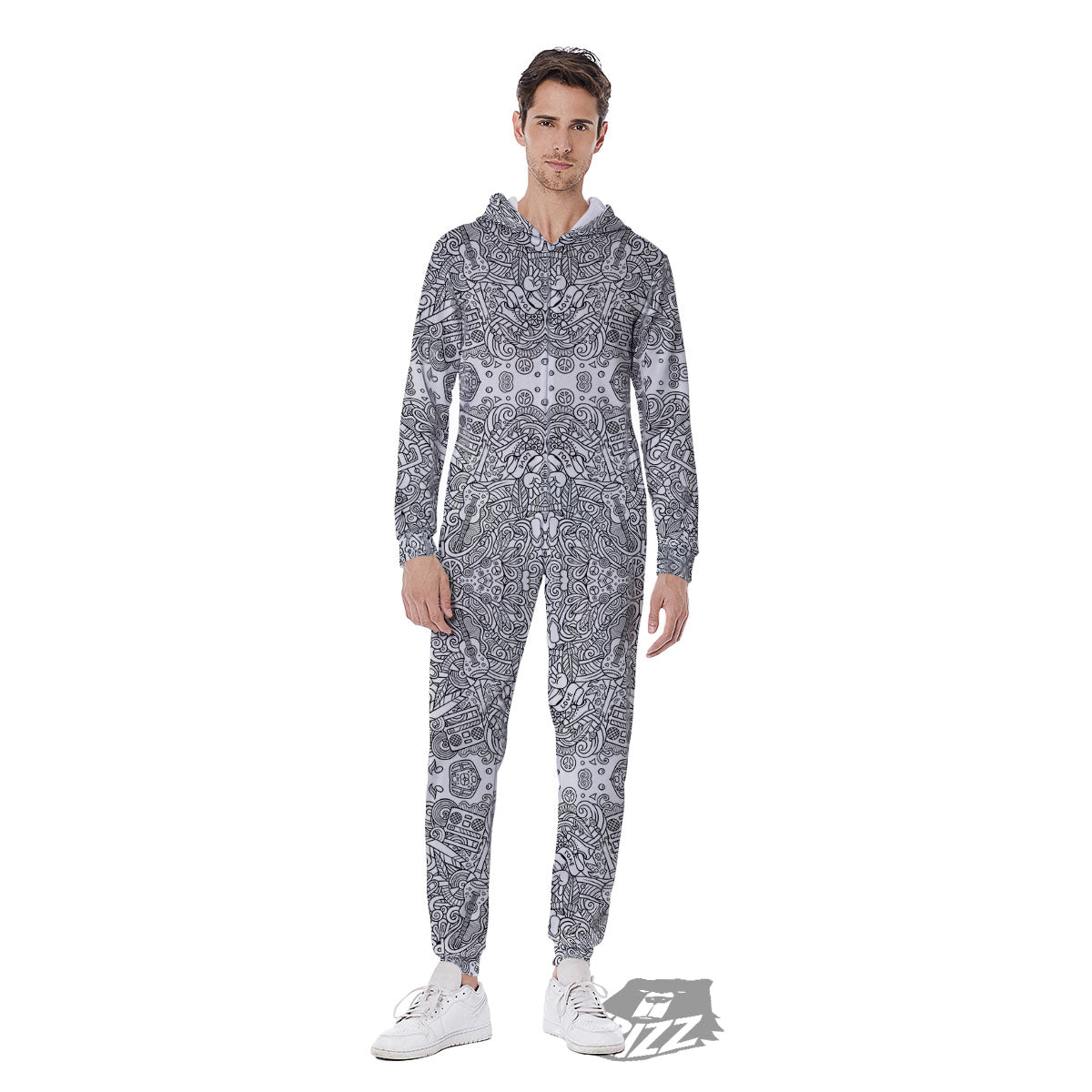 Hippie Graffiti Monochrome Print Pattern Men's Jumpsuit-grizzshop