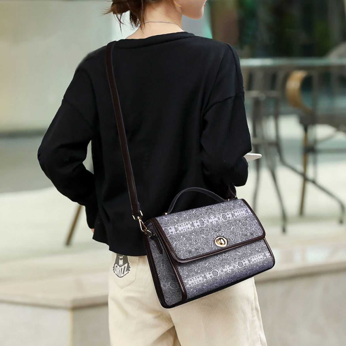Hippie Graffiti Monochrome Print Pattern Women's Satchel Bag