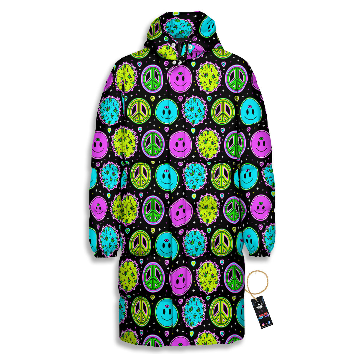 Hippie Peace Symbol And Weed Print Pattern Long Down Jacket