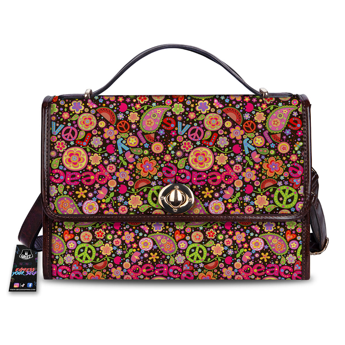 Hippie Sign Peace Flower Print Pattern Women's Satchel Bag