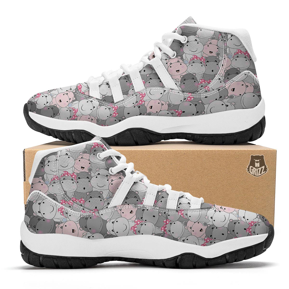 Hippo Cute Print Pattern White Bball Shoes-grizzshop