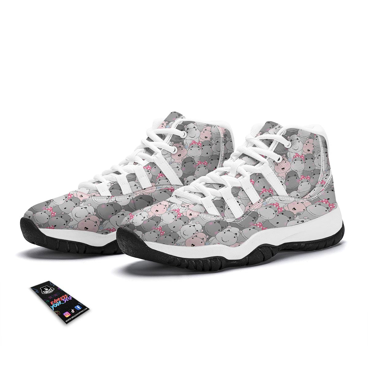 Hippo Cute Print Pattern White Bball Shoes-grizzshop
