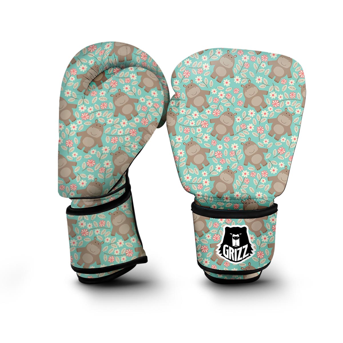 Hippo Floral Pattern Print Boxing Gloves-grizzshop