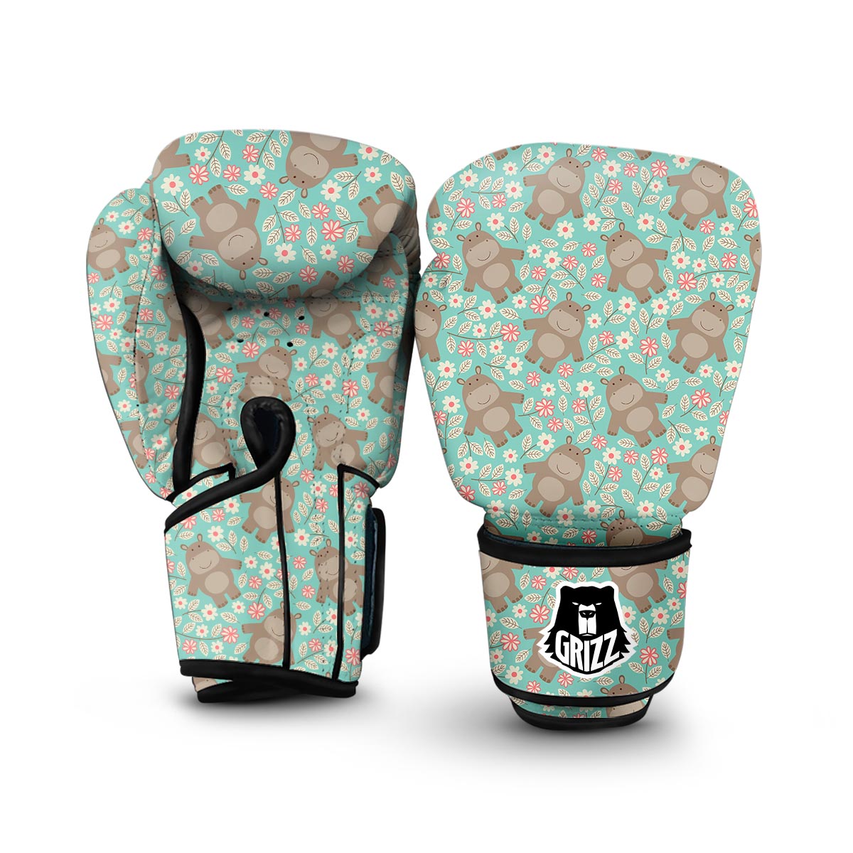 Hippo Floral Pattern Print Boxing Gloves-grizzshop