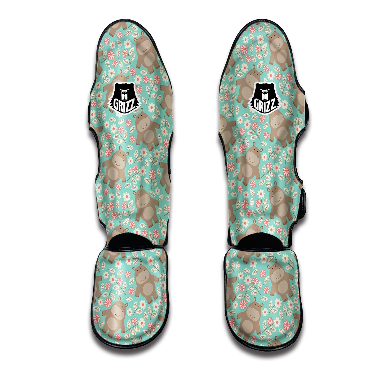 Hippo Floral Pattern Print Muay Thai Shin Guards-grizzshop