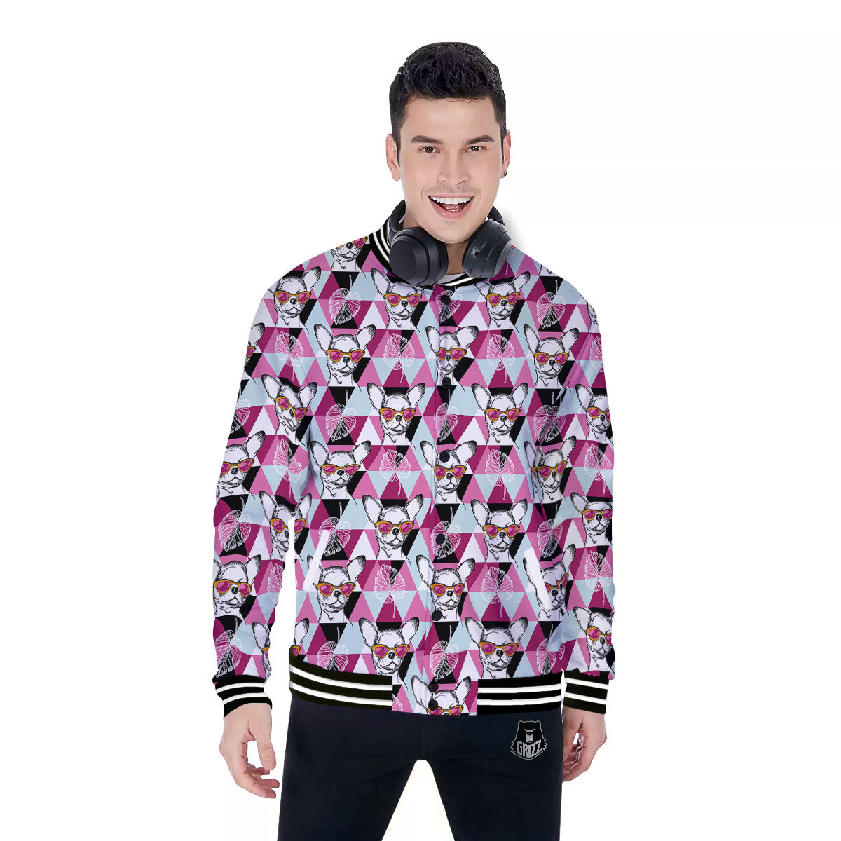 Hipster Chihuahua Print Pattern Baseball Jacket-grizzshop