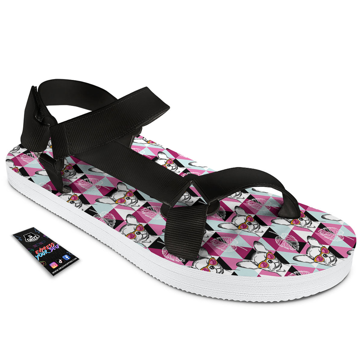 Hipster Chihuahua Print Pattern Black Open Toe Sandals-grizzshop