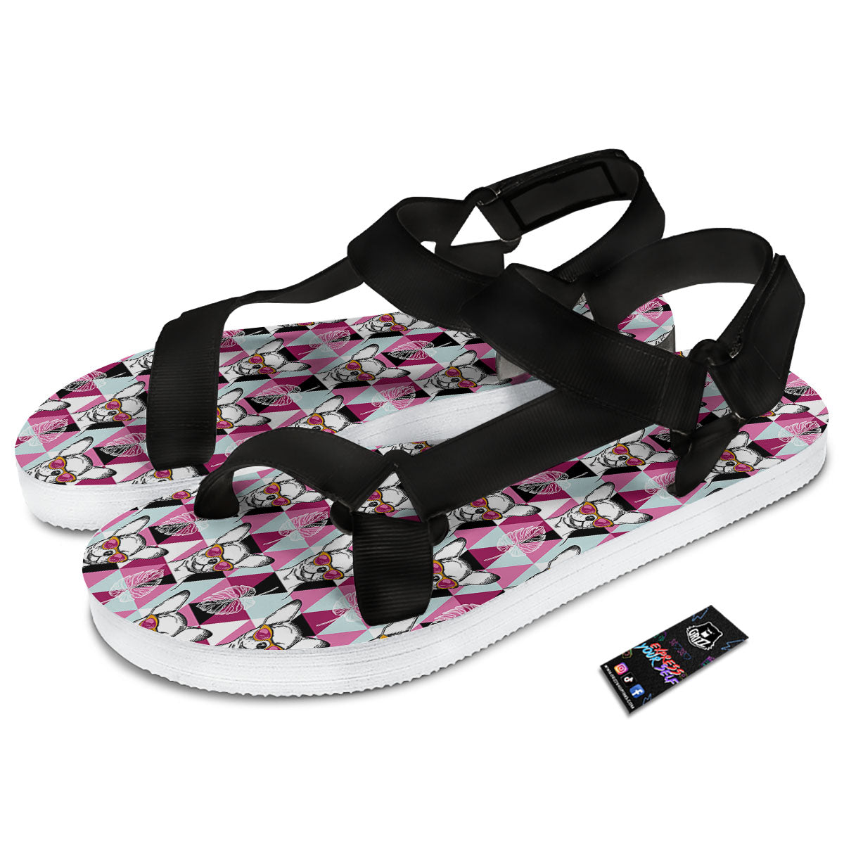 Hipster Chihuahua Print Pattern Black Open Toe Sandals-grizzshop