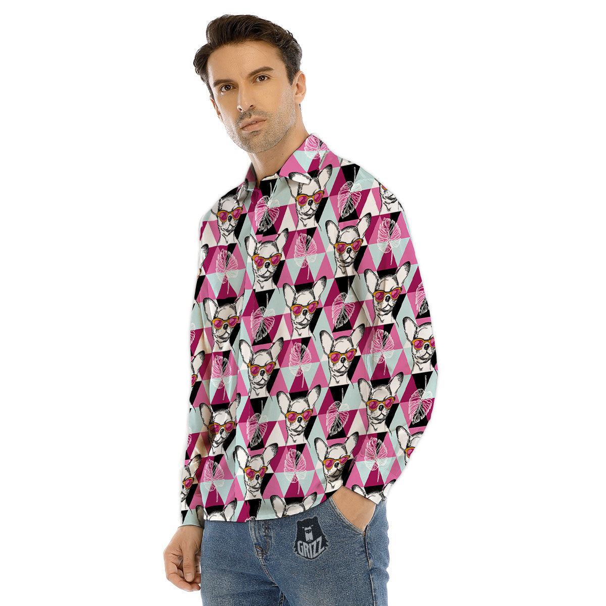 Hipster Chihuahua Print Pattern Men's Dress Shirts-grizzshop