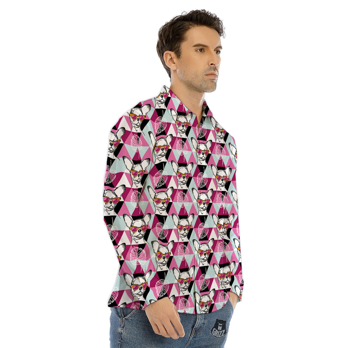 Hipster Chihuahua Print Pattern Men's Dress Shirts-grizzshop
