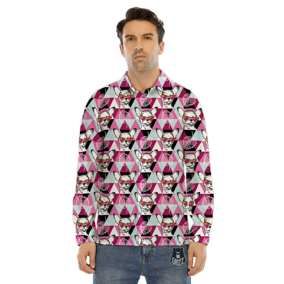 Hipster Chihuahua Print Pattern Men's Dress Shirts-grizzshop