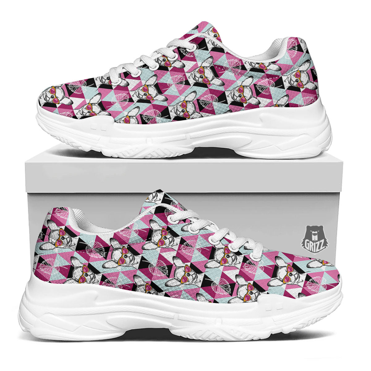 Hipster Chihuahua Print Pattern White Chunky Shoes-grizzshop