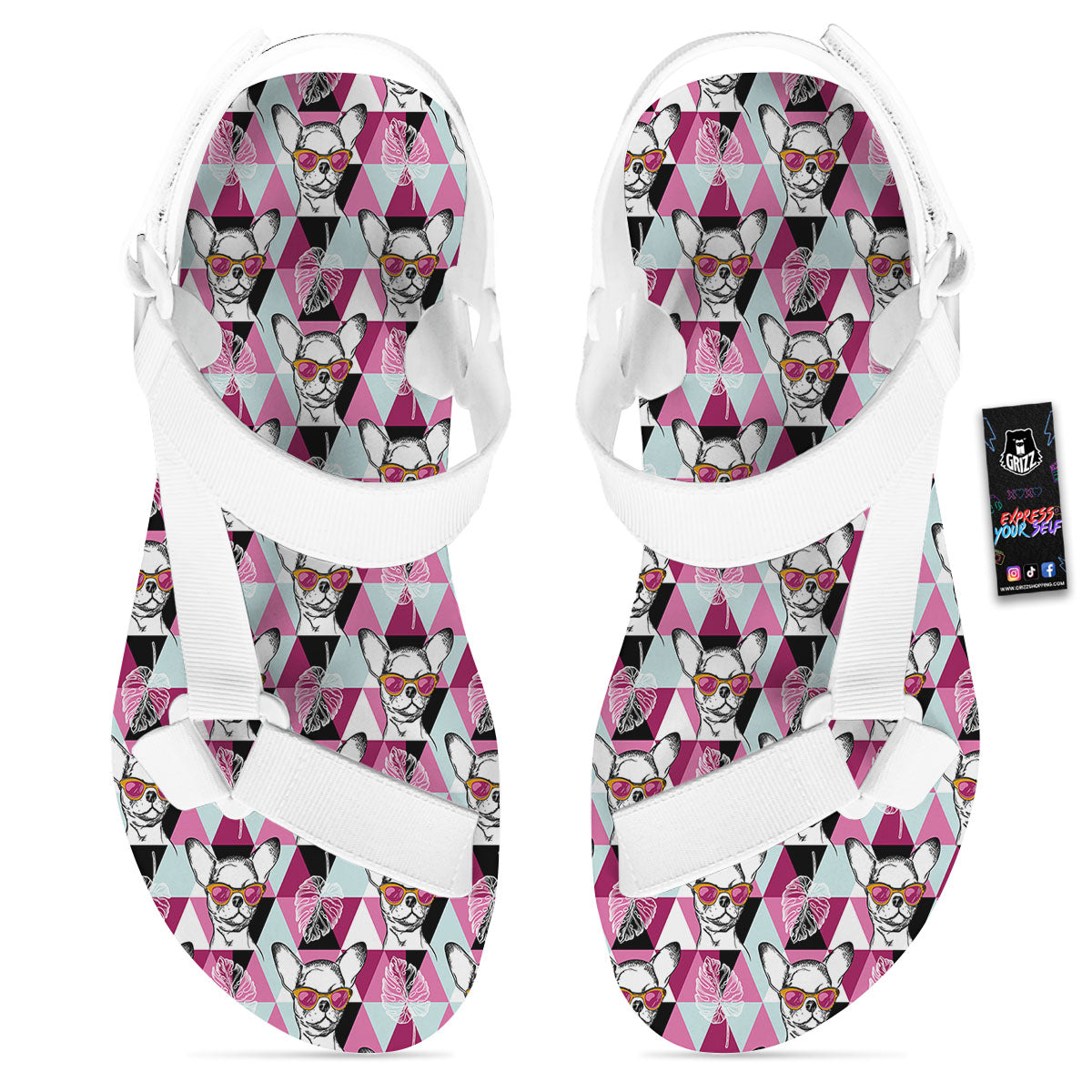 Hipster Chihuahua Print Pattern White Open Toe Sandals-grizzshop