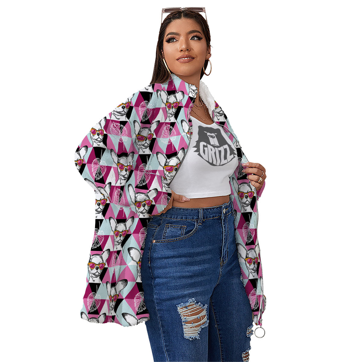 Hipster Chihuahua Print Pattern Women's Sherpa Jacket-grizzshop