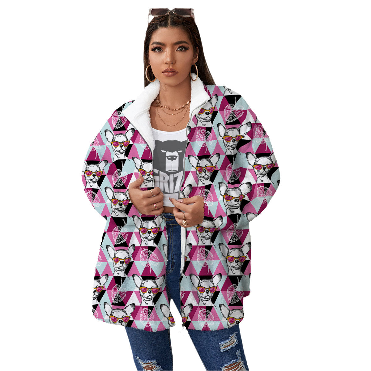 Hipster Chihuahua Print Pattern Women's Sherpa Jacket-grizzshop