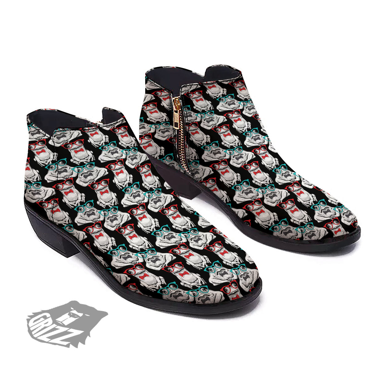 Hipster Frog Print Pattern Ankle Boots-grizzshop