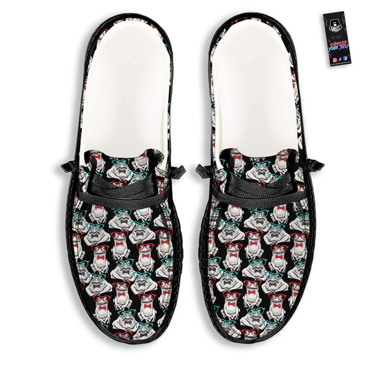 Hipster Frog Print Pattern Black Loafers-grizzshop