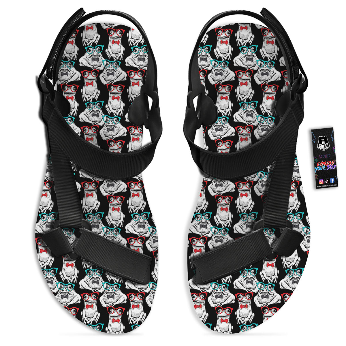 Hipster Frog Print Pattern Black Open Toe Sandals-grizzshop