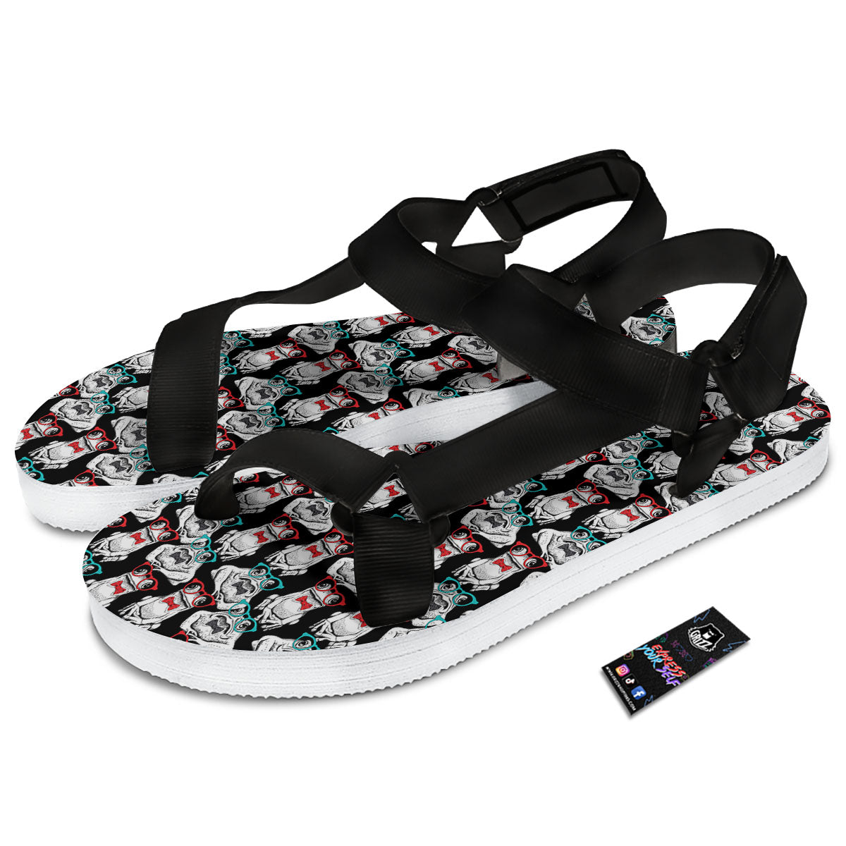 Hipster Frog Print Pattern Black Open Toe Sandals-grizzshop