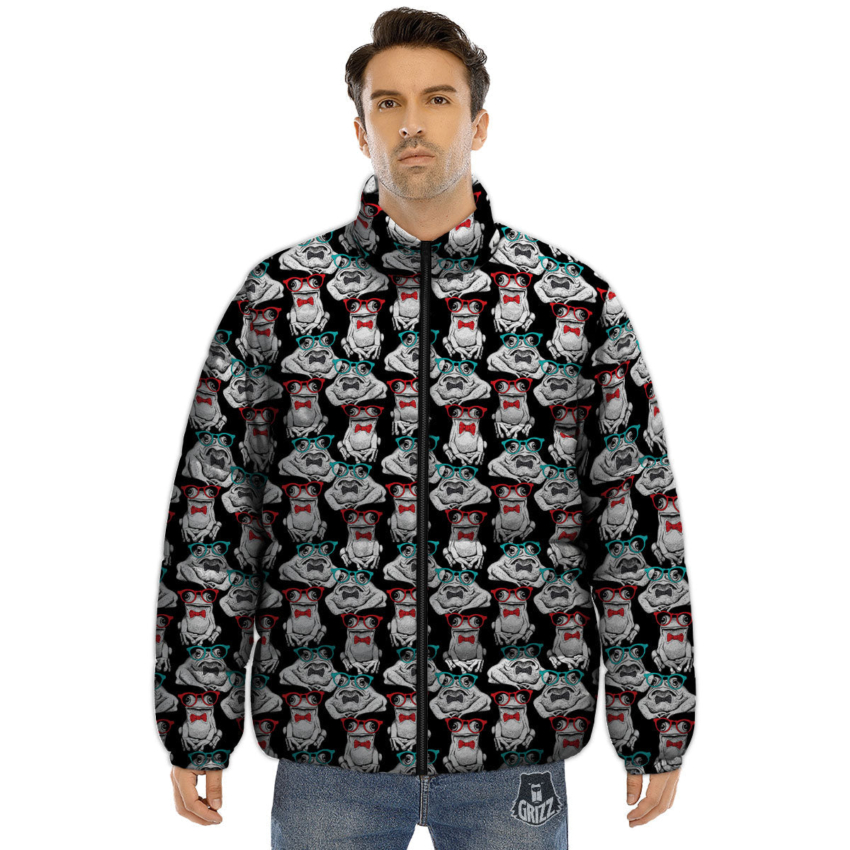 Hipster Frog Print Pattern Puffer Jacket-grizzshop