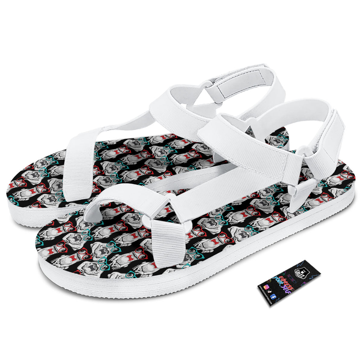 Hipster Frog Print Pattern White Open Toe Sandals-grizzshop