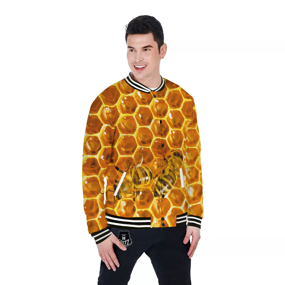 Hive Honey Bee Print Baseball Jacket-grizzshop