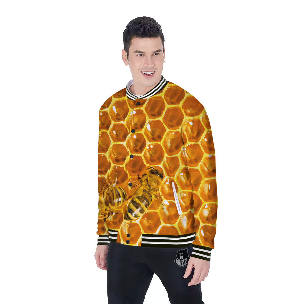 Hive Honey Bee Print Baseball Jacket-grizzshop