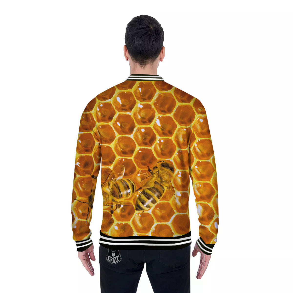 Hive Honey Bee Print Baseball Jacket-grizzshop