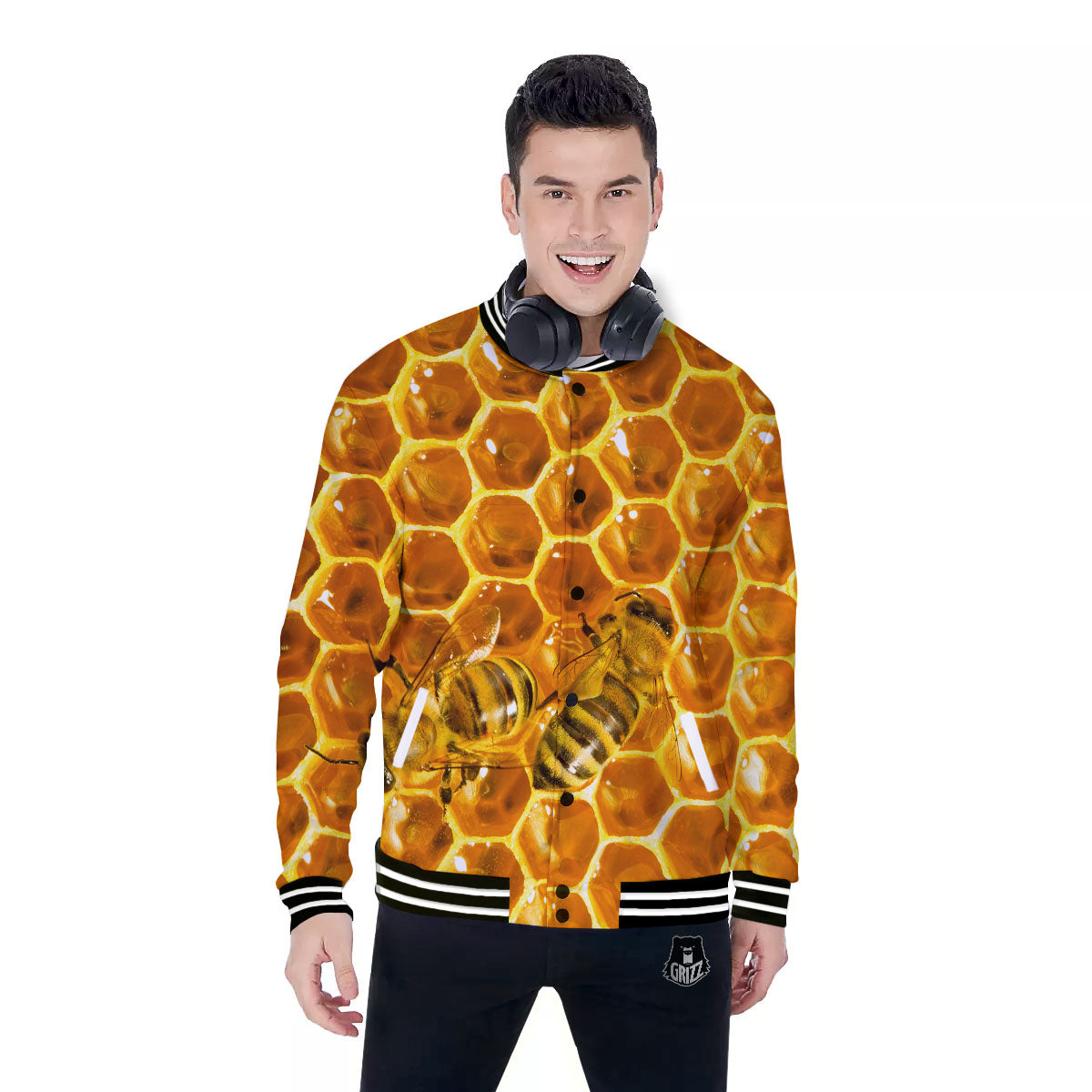 Hive Honey Bee Print Baseball Jacket-grizzshop