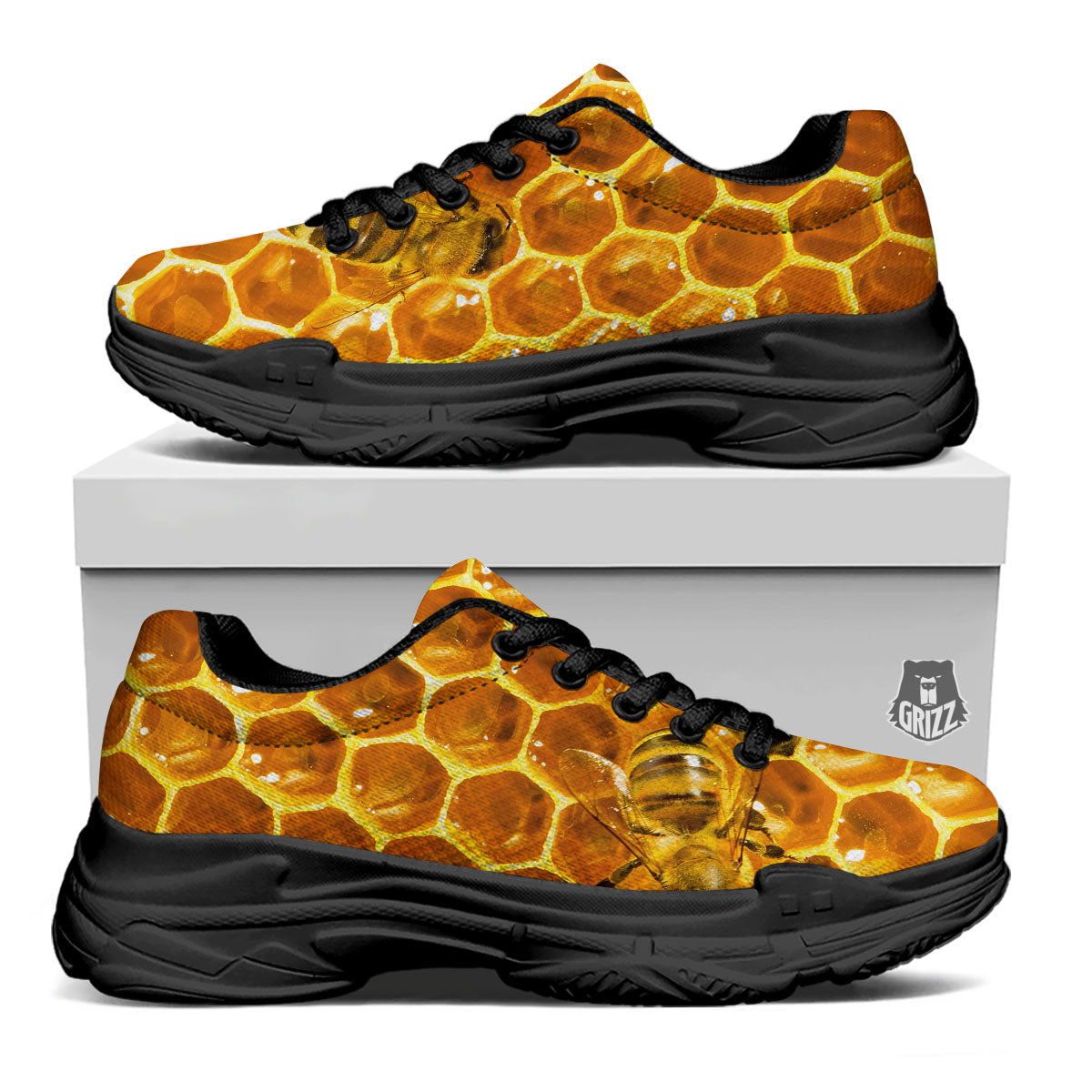 Hive Honey Bee Print Black Chunky Shoes-grizzshop