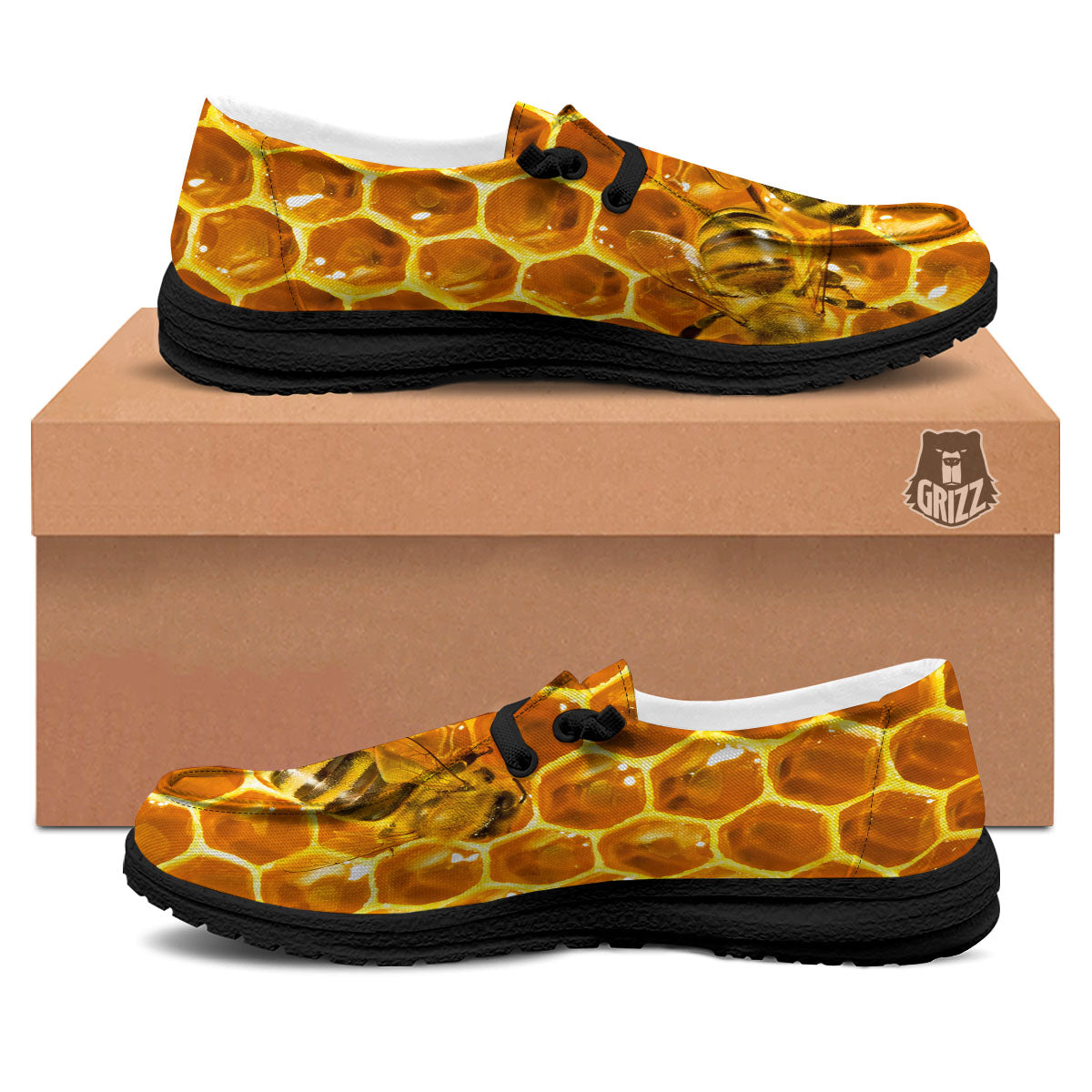 Hive Honey Bee Print Black Loafers-grizzshop
