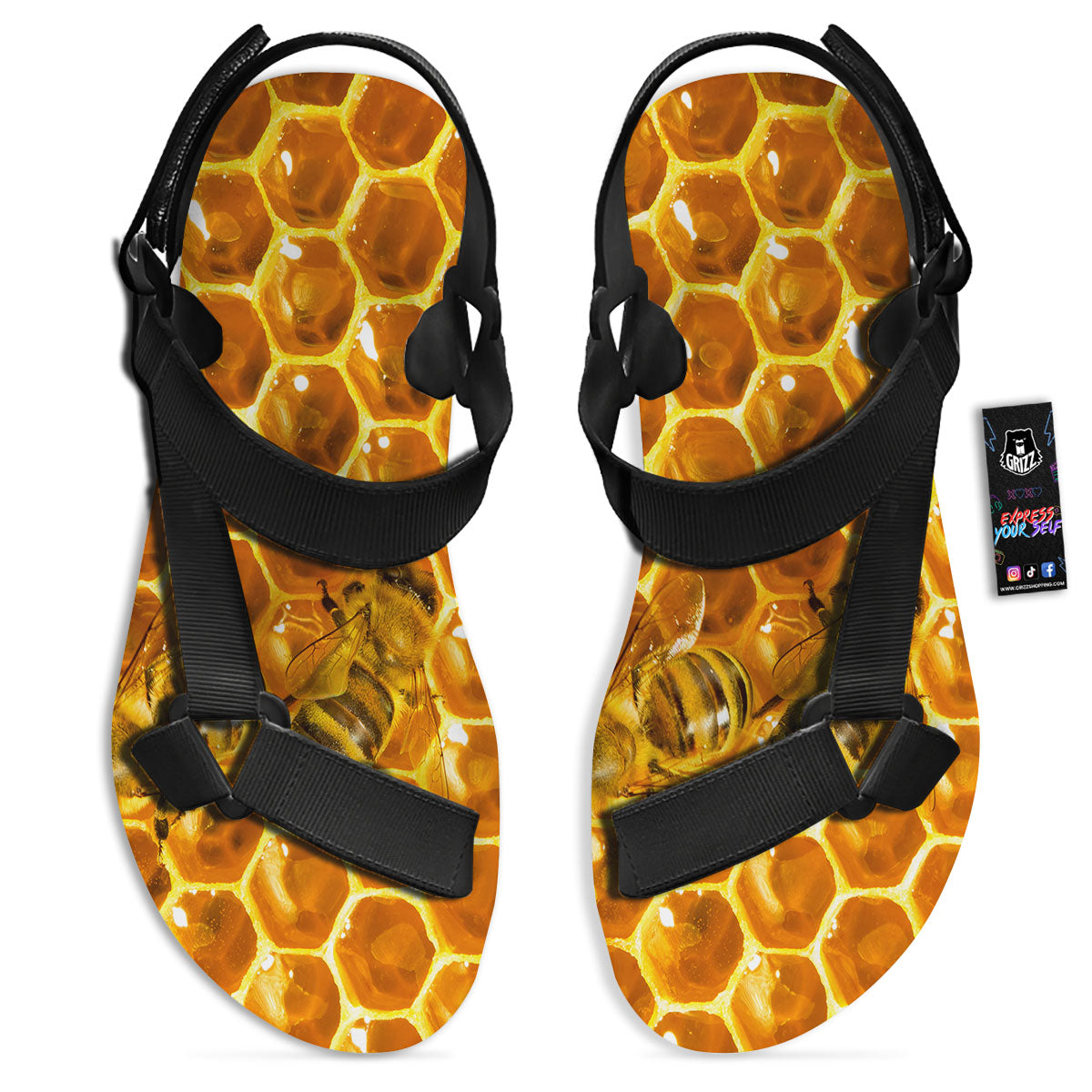 Hive Honey Bee Print Black Open Toe Sandals-grizzshop