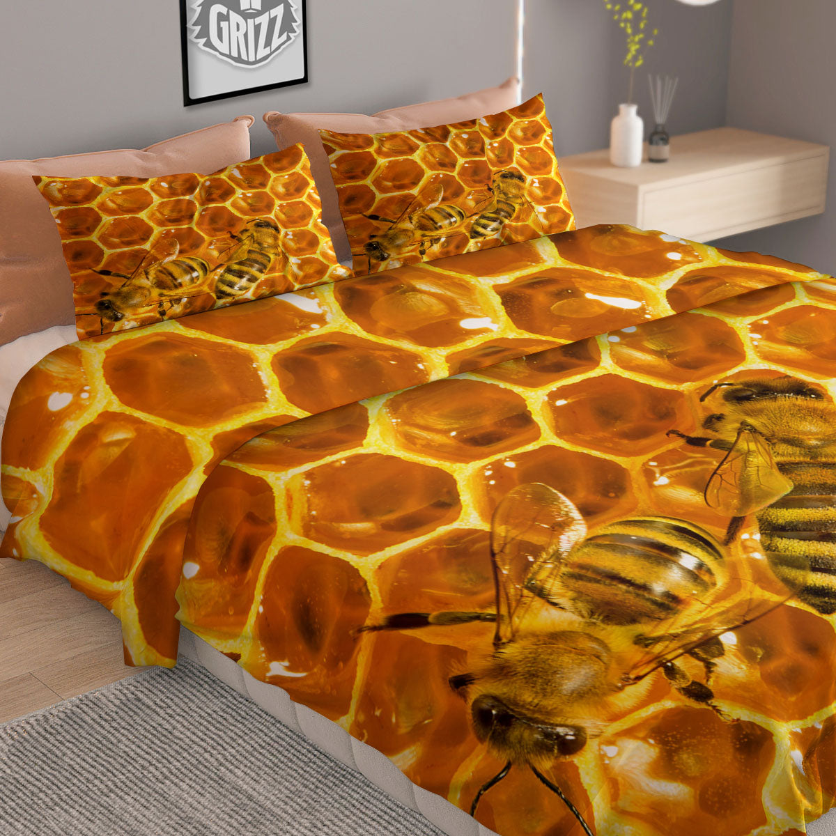 Hive Honey Bee Print Duvet Cover Bedding Set