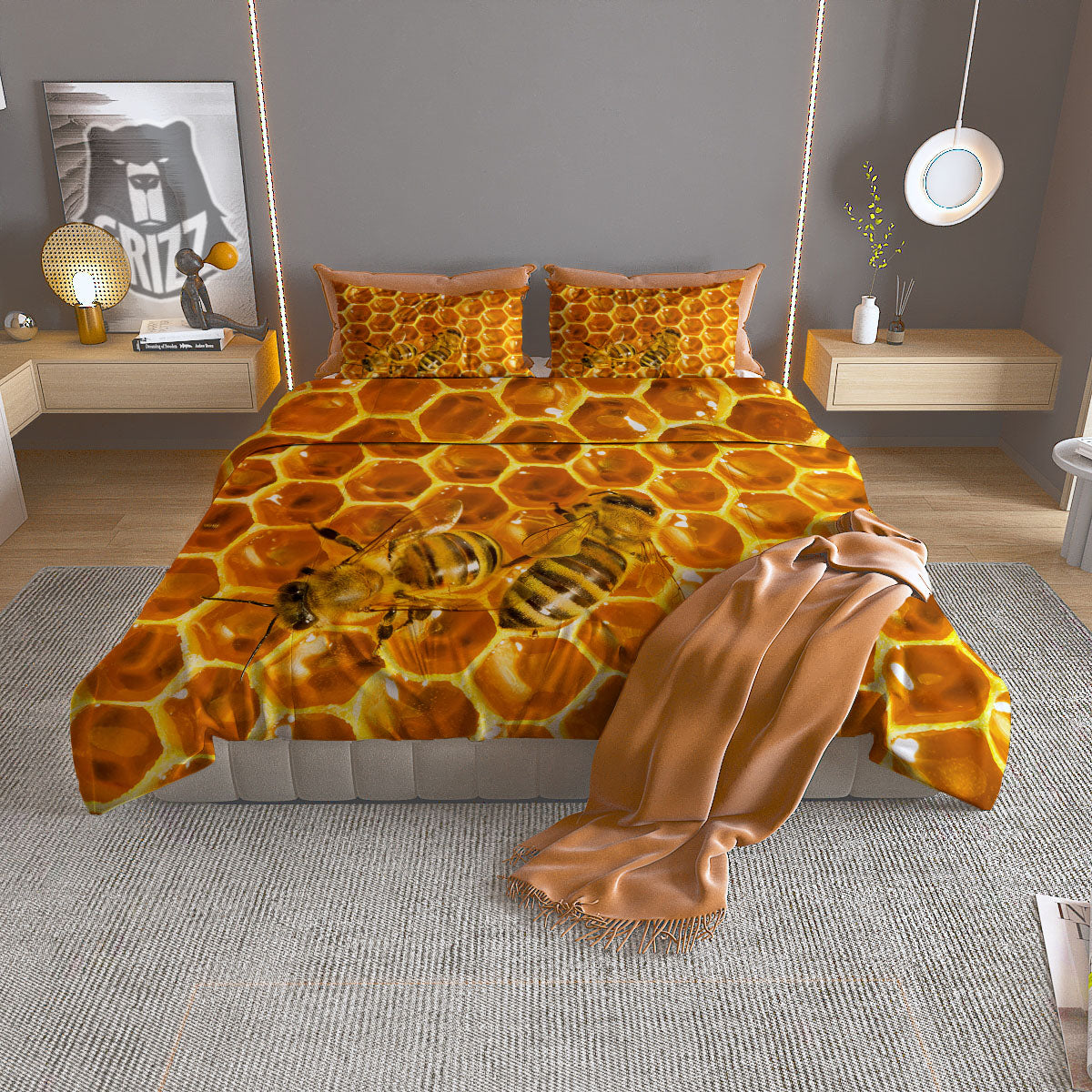 Hive Honey Bee Print Duvet Cover Bedding Set