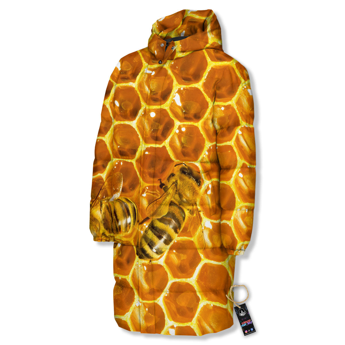 Hive Honey Bee Print Long Down Jacket-grizzshop