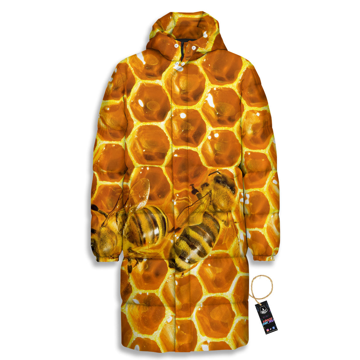 Hive Honey Bee Print Long Down Jacket-grizzshop