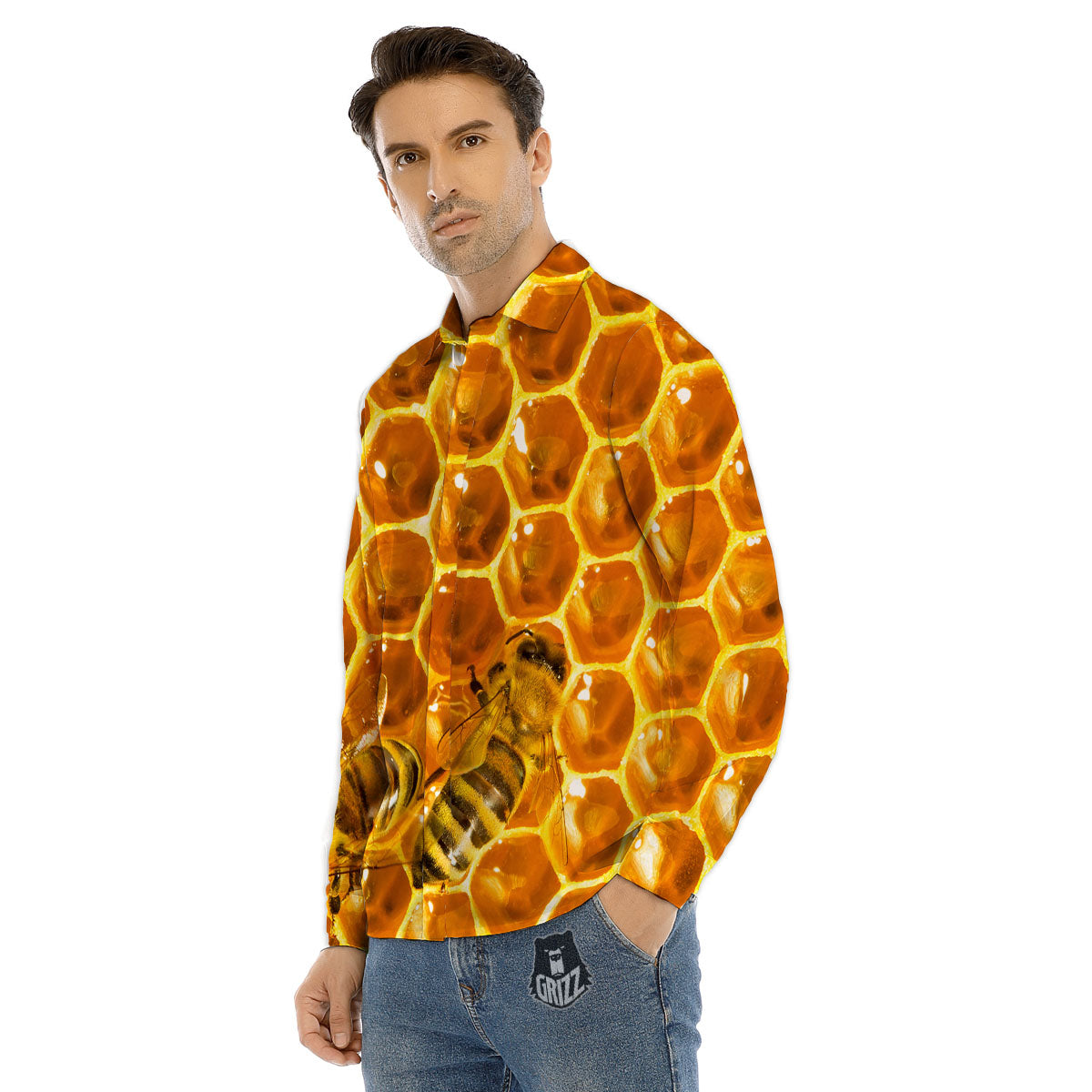 Hive Honey Bee Print Men's Dress Shirts-grizzshop