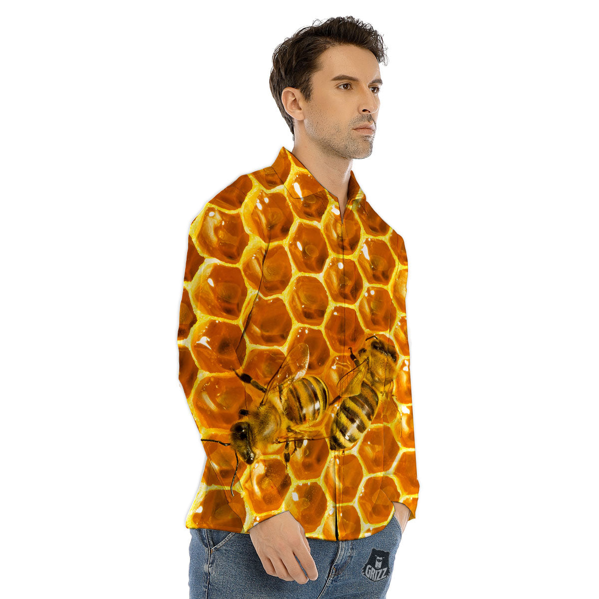 Hive Honey Bee Print Men's Dress Shirts-grizzshop