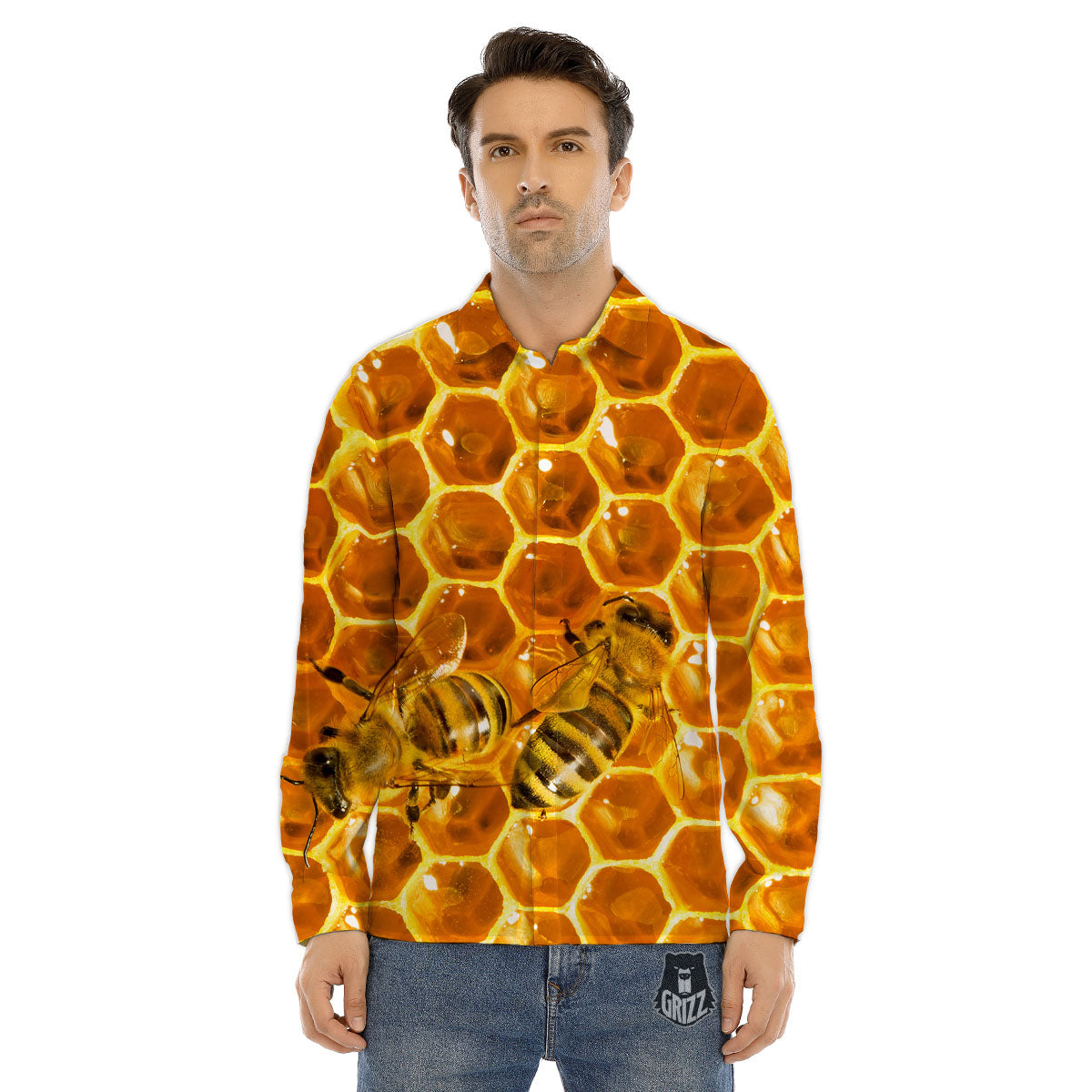 Hive Honey Bee Print Men's Dress Shirts-grizzshop