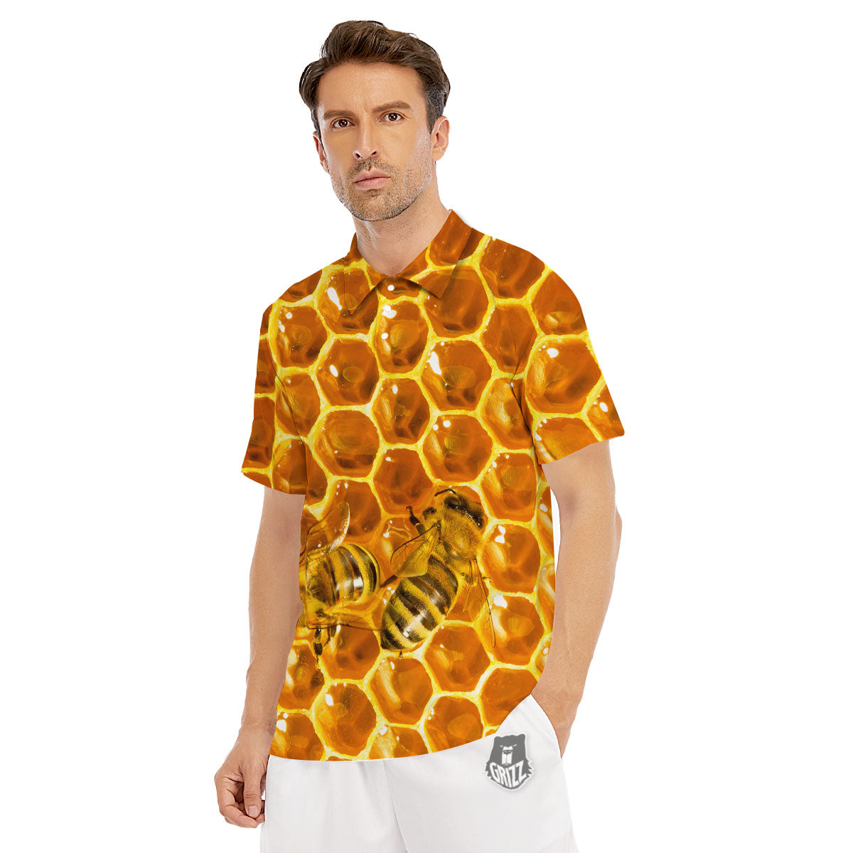 Hive Honey Bee Print Men's Golf Shirts-grizzshop
