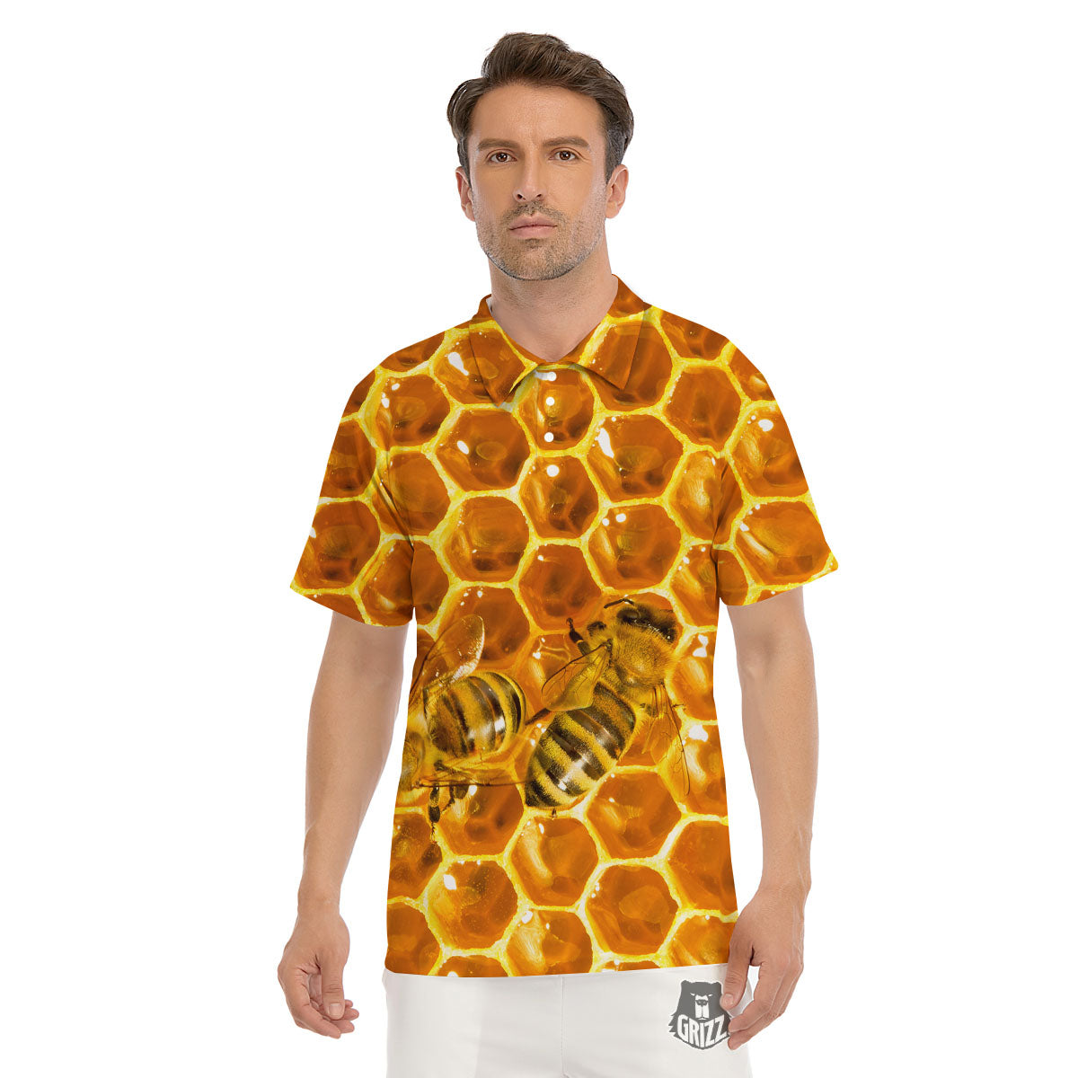 Hive Honey Bee Print Men's Golf Shirts-grizzshop