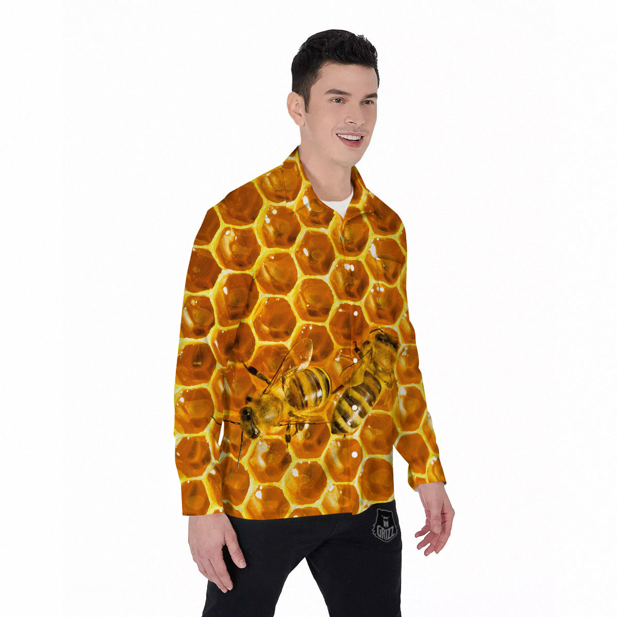 Hive Honey Bee Print Men's Long Sleeve Shirts-grizzshop