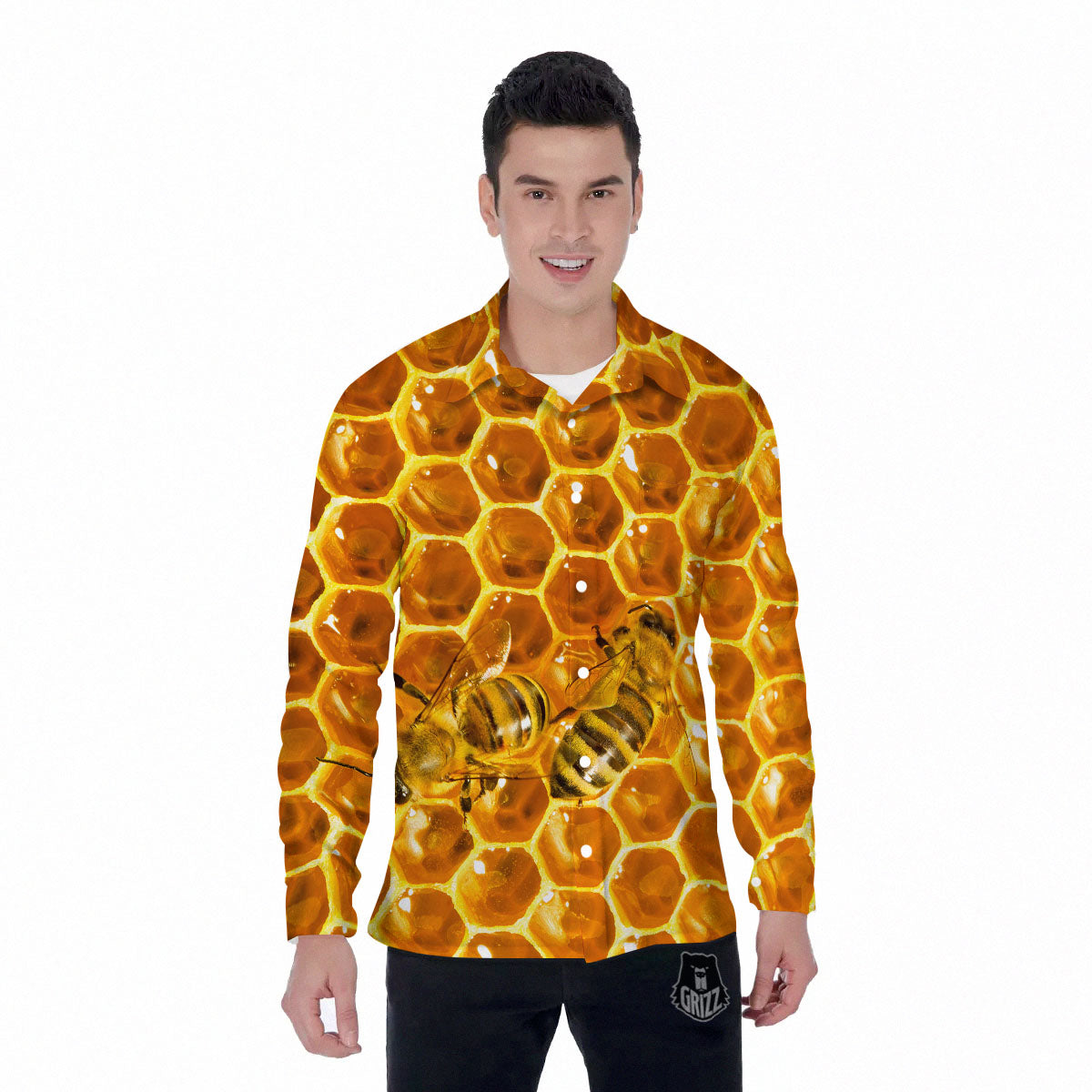 Hive Honey Bee Print Men's Long Sleeve Shirts-grizzshop