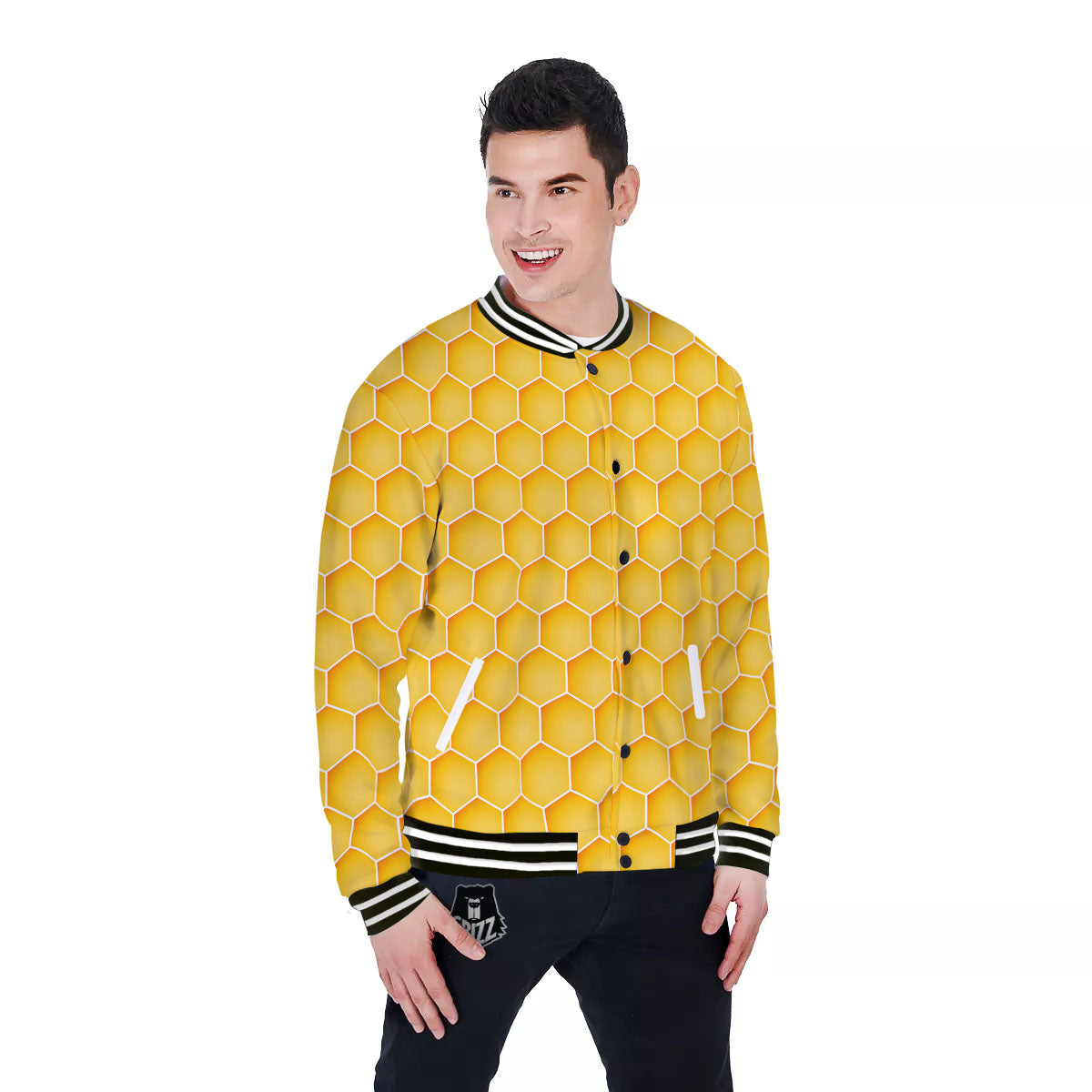 Hive Honey Bee Print Pattern Baseball Jacket-grizzshop