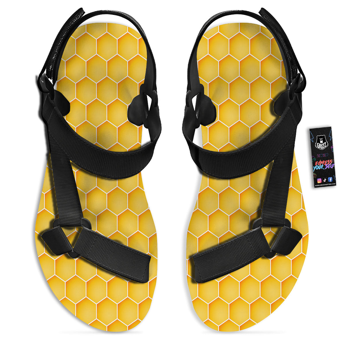 Hive Honey Bee Print Pattern Black Open Toe Sandals-grizzshop