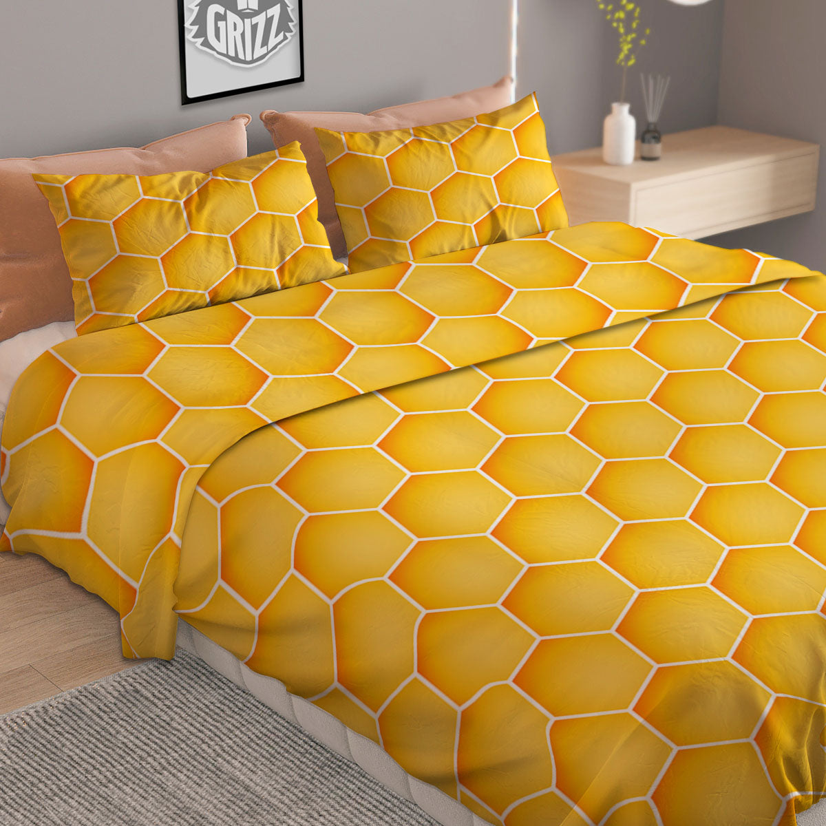 Hive Honey Bee Print Pattern Duvet Cover Bedding Set